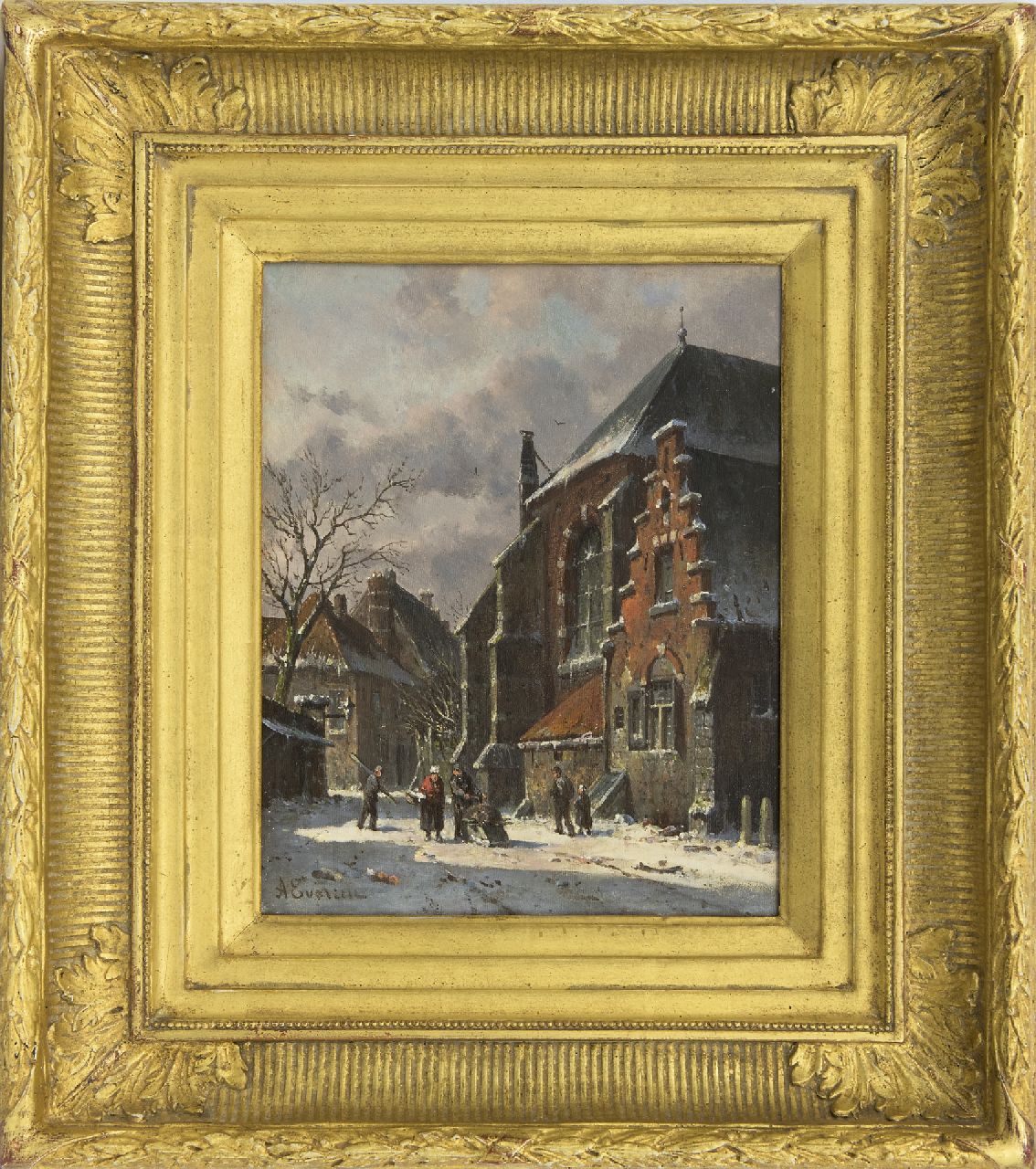 Eversen A.  | Adrianus Eversen, Winters stadsgezicht met figuren, olieverf op paneel 25,0 x 19,5 cm, gesigneerd linksonder