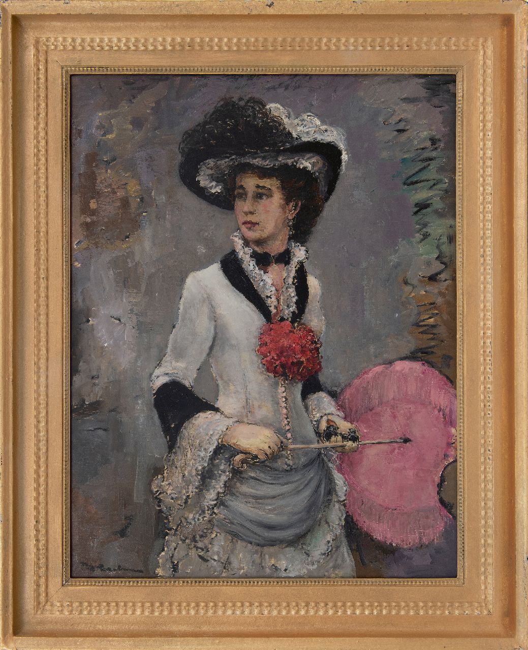 Rezelman P.D.  | Pieter Dirk 'Piet' Rezelman | Schilderijen te koop aangeboden | Elegante dame met hoed, olieverf op paneel 67,4 x 52,0 cm, gesigneerd linksonder