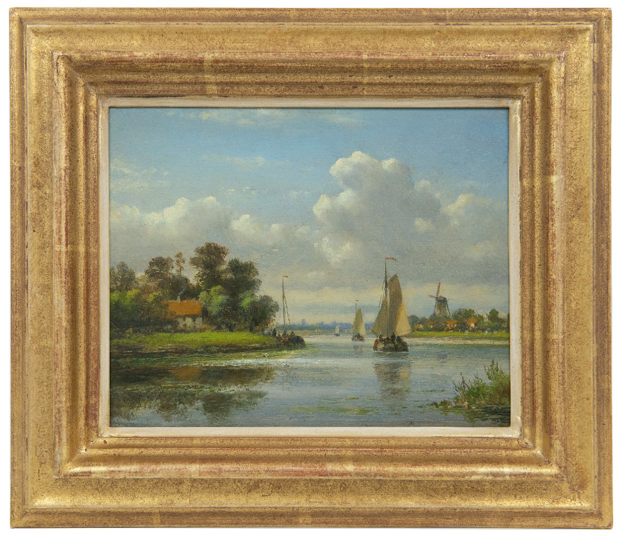 Kleijn L.J.  | Lodewijk Johannes Kleijn, Zomers riviergezicht met zeilschepen, olieverf op paneel 16,9 x 20,9 cm