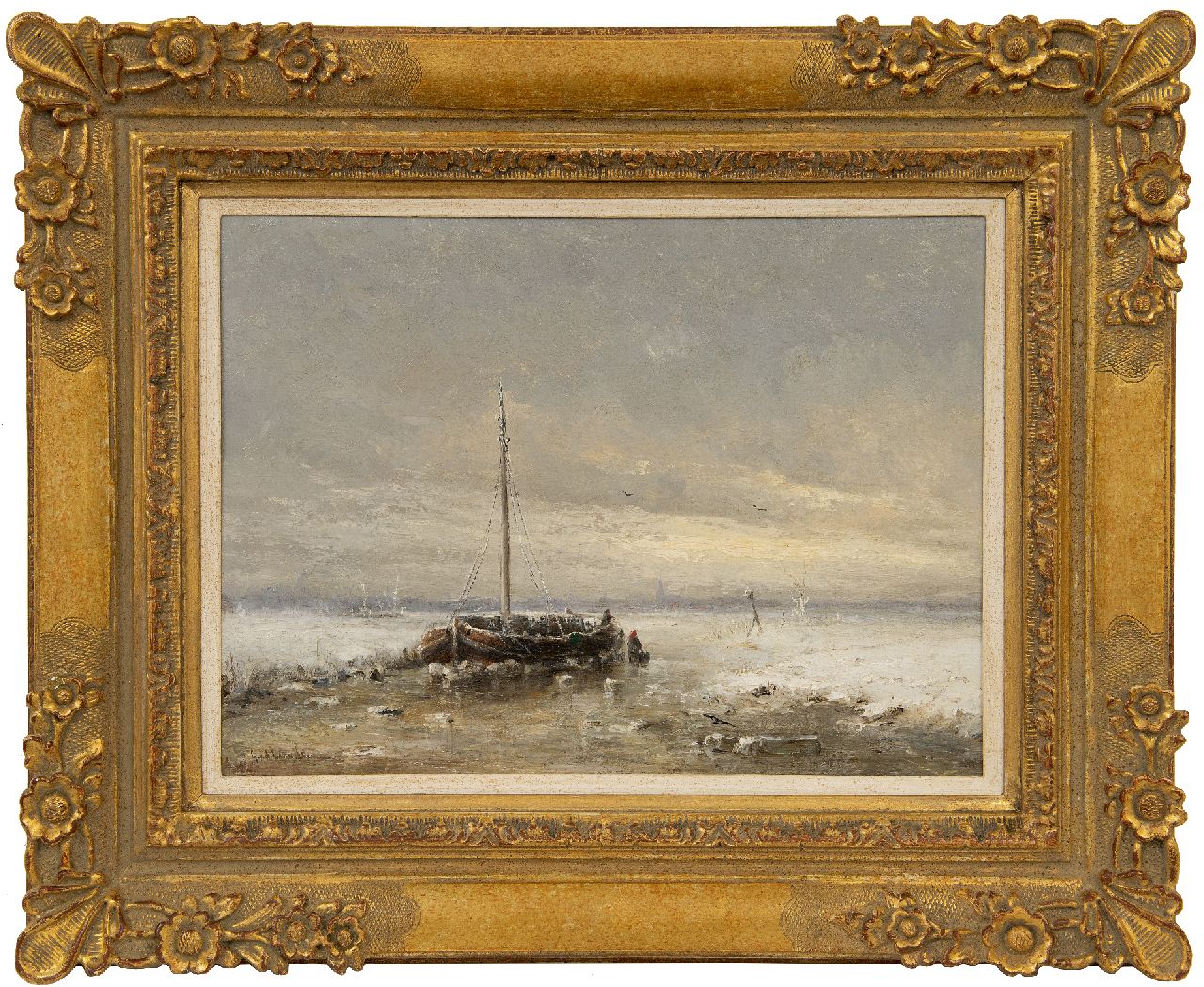 Laan G. van der | Gerard van der Laan | Schilderijen te koop aangeboden | Ingevroren beurtschip, olieverf op paneel 31,1 x 42,5 cm, gesigneerd linksonder en zonder lijst