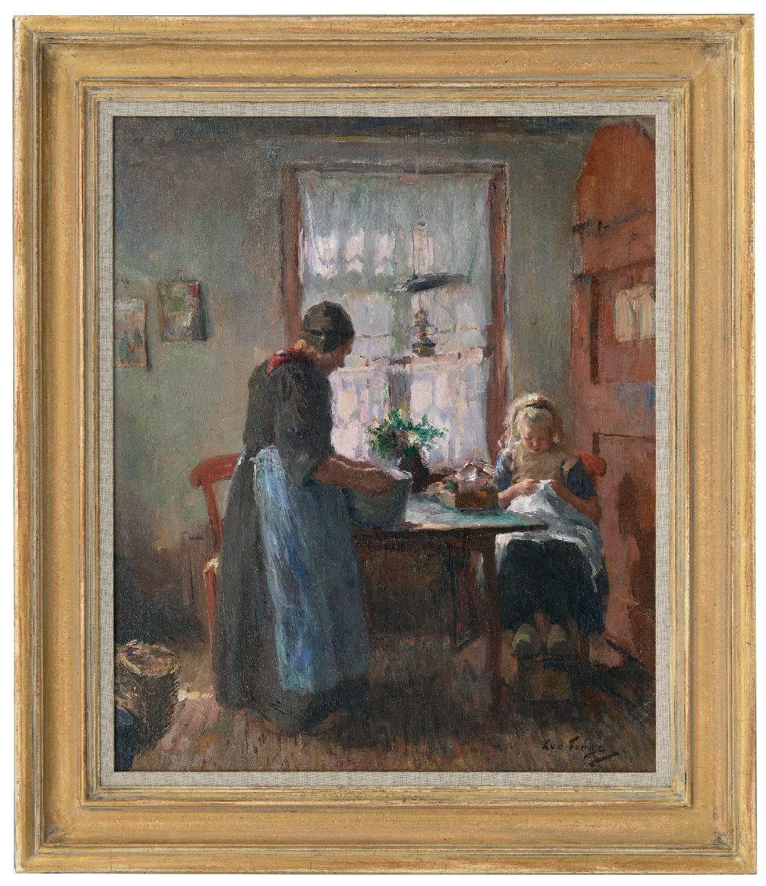 Tonge L.L. van der | 'Lammert' Leire van der Tonge | Schilderijen te koop aangeboden | Larens interieur met vrouw en handwerkend meisje, olieverf op doek 54,3 x 45,2 cm, gesigneerd rechtsonder