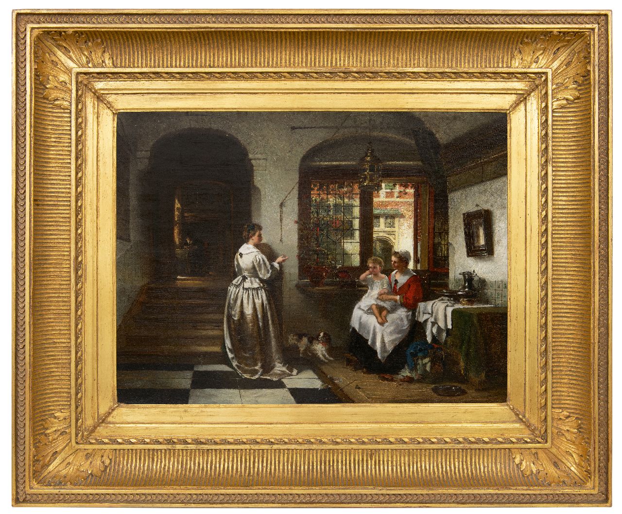 Stroebel J.A.B.  | Johannes Anthonie Balthasar Stroebel | Schilderijen te koop aangeboden | Oudhollands interieur met figuren, olieverf op doek 46,2 x 61,6 cm, gesigneerd linksonder