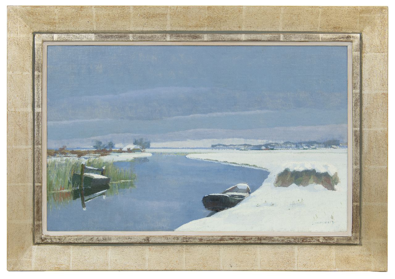 Smorenberg D.  | Dirk Smorenberg | Schilderijen te koop aangeboden | Winter bij Loosdrechtmet roeiboot en viskare, olieverf op doek 46,1 x 73,5 cm, gesigneerd rechtsonder