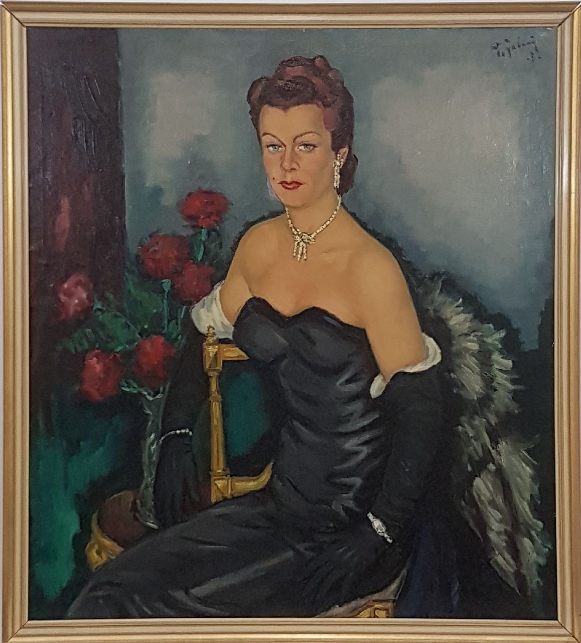 Jabaaij P.  | Piet 'Pleun' Jabaaij | Schilderijen te koop aangeboden | Portret van een vrouw in avondkleding, olieverf op doek 100,0 x 99,8 cm, gesigneerd rechtsboven en gedateerd '52, zonder lijst
