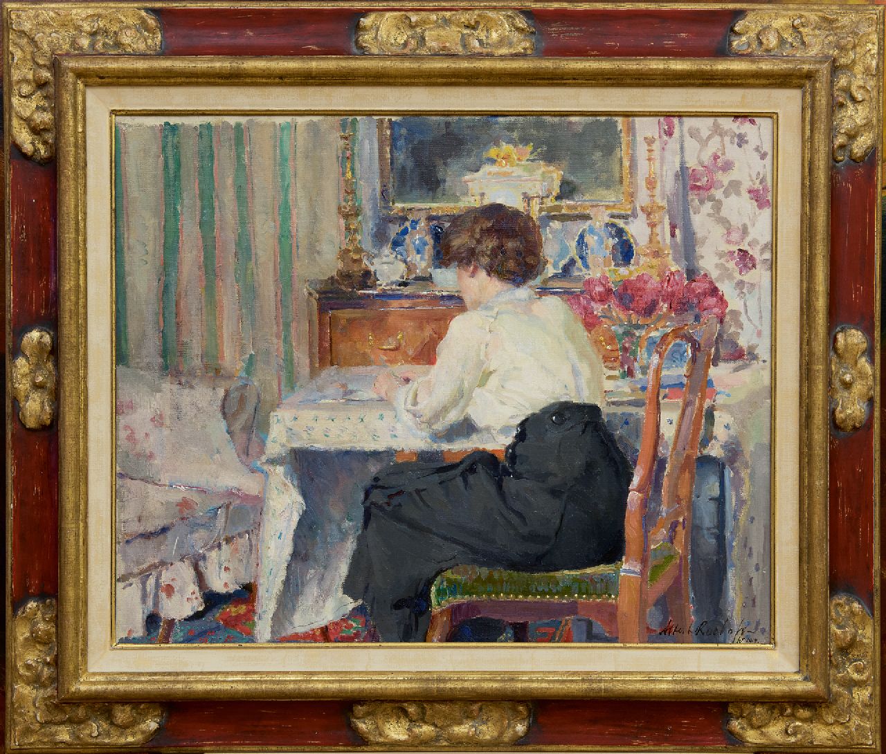 Roelofs O.W.A.  | Otto Willem Albertus 'Albert' Roelofs, Tjieke, zittend aan een tafel, olieverf op doek 48,3 x 60,3 cm, gesigneerd rechtsonder en gedateerd 1914