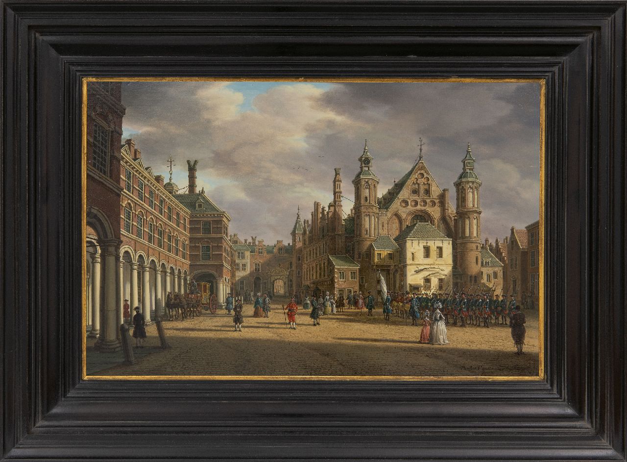 Fargue P.C. la | Paulus Constantijn la Fargue, Gezicht op het Binnenhof en de Ridderzaal, olieverf op paneel 22,7 x 34,8 cm, gesigneerd rechtsonder en te dateren ca. 1770