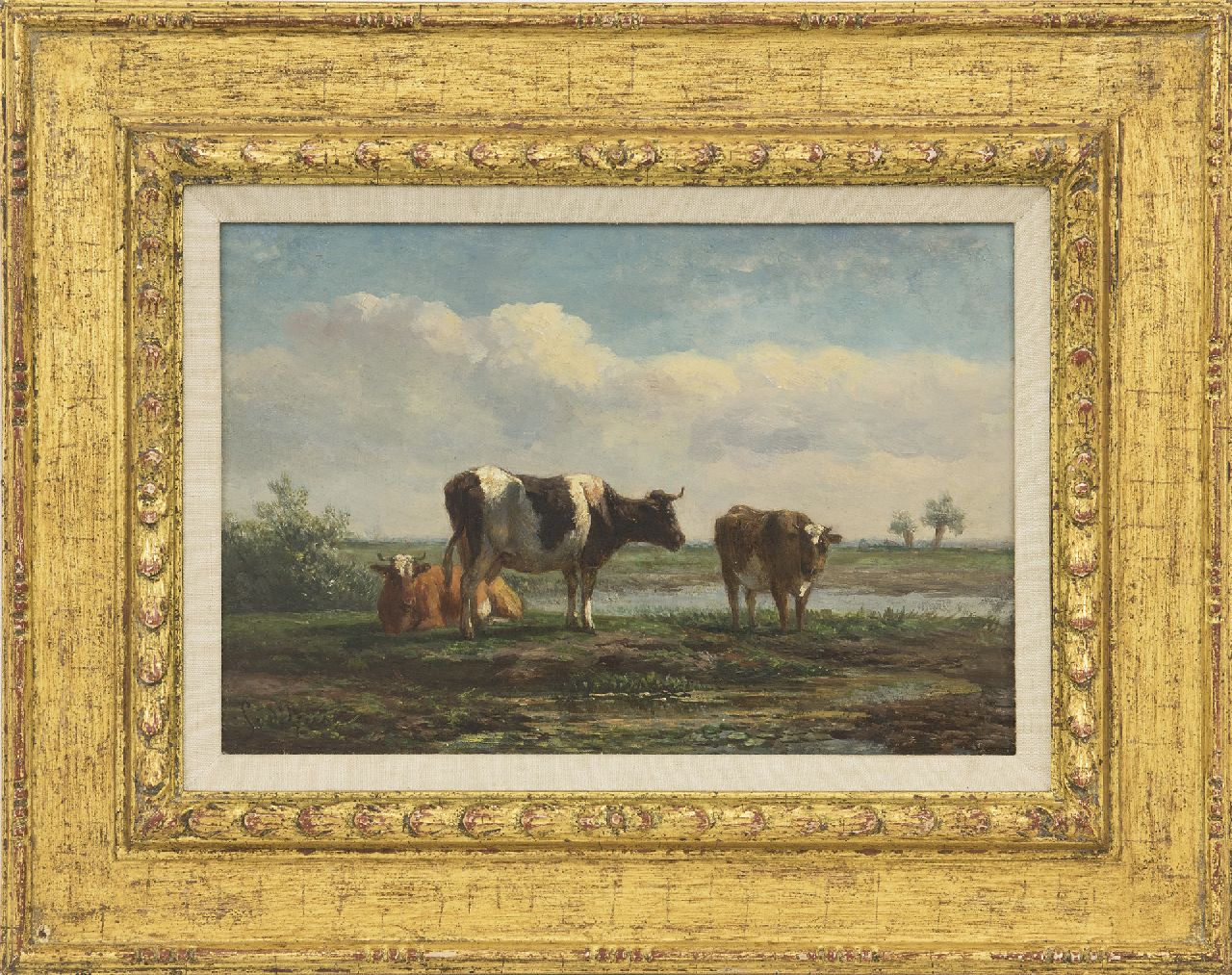 Berg S. van den | Simon van den Berg | Schilderijen te koop aangeboden | Polderlandschap met rustend vee, olieverf op paneel 17,6 x 26,0 cm, gesigneerd linksonder