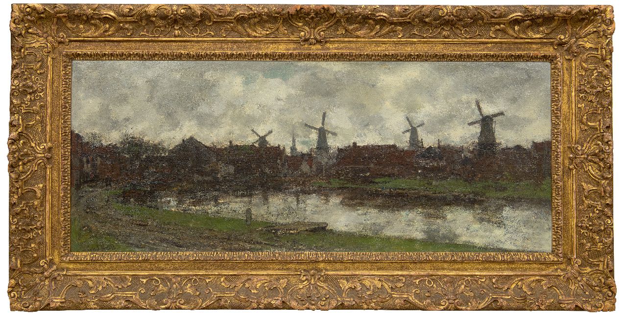 Maris J.H.  | Jacobus Hendricus 'Jacob' Maris, De vier windmolens, Schiedam, olieverf op doek 45,0 x 112,6 cm, gesigneerd linksonder