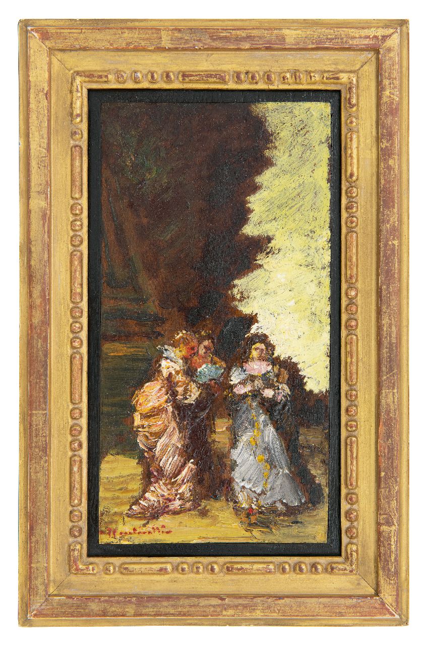 Monticelli A.J.T.  | 'Adolphe' Joseph Thomas Monticelli Monticelli, Trois femmes dans un parc, olieverf op board op paneel 29,3 x 16,0 cm, gesigneerd linksonder