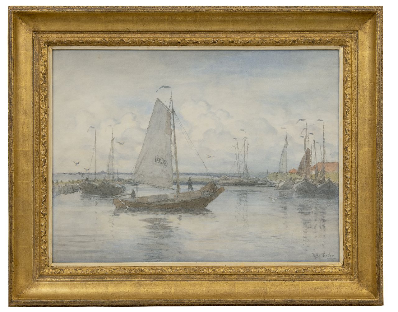 Tholen W.B.  | Willem Bastiaan Tholen, De schokker UK 17 vaart de haven van Urk binnen, aquarel op papier 51,1 x 70,0 cm, gesigneerd rechtsonder
