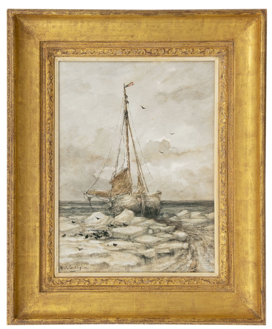 Mesdag H.W.  | Hendrik Willem Mesdag, Bomschuit op het strand tussen ijsschotsen, aquarel op papier 53,0 x 39,7 cm, gesigneerd linksonder en te dateren ca. 1891