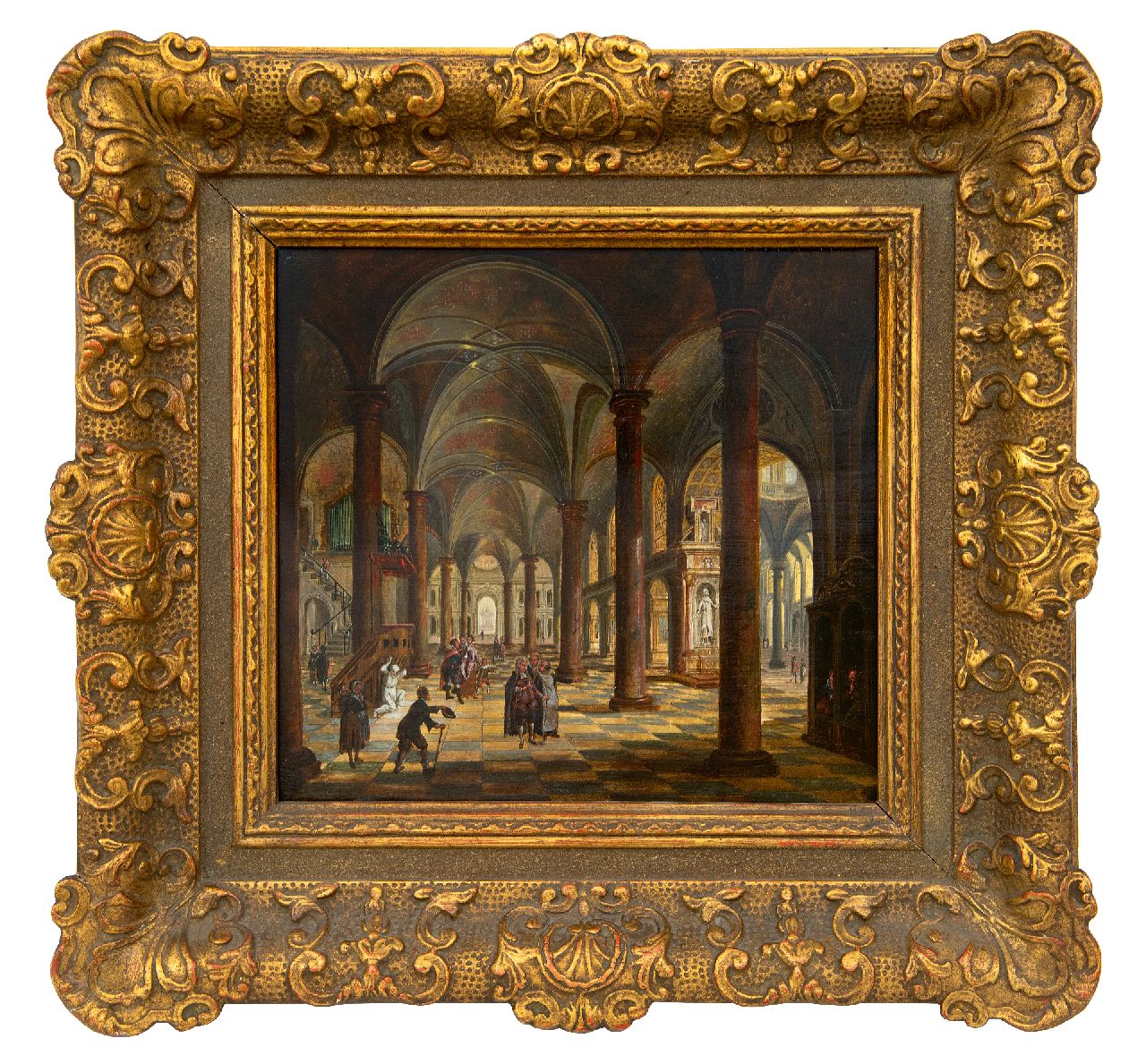 Stöcklin C.  | Christian Stöcklin | Schilderijen te koop aangeboden | Kerkinterieur met figuren, olieverf op paneel 27,5 x 30,9 cm, gesigneerd middenonder