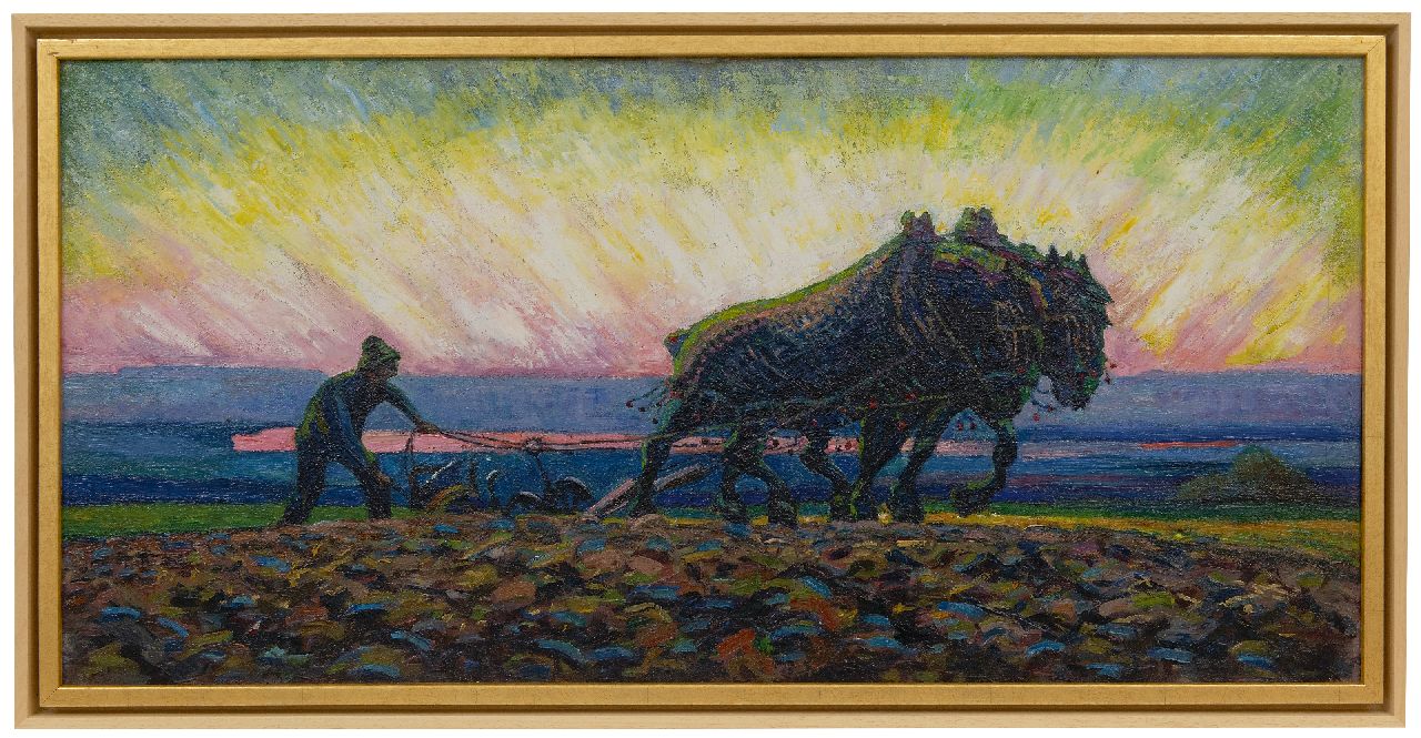 Gouwe A.H.  | Adriaan Herman Gouwe | Schilderijen te koop aangeboden | Ploegende paarden bij zonsopkomst, olieverf op doek 47,9 x 98,9 cm