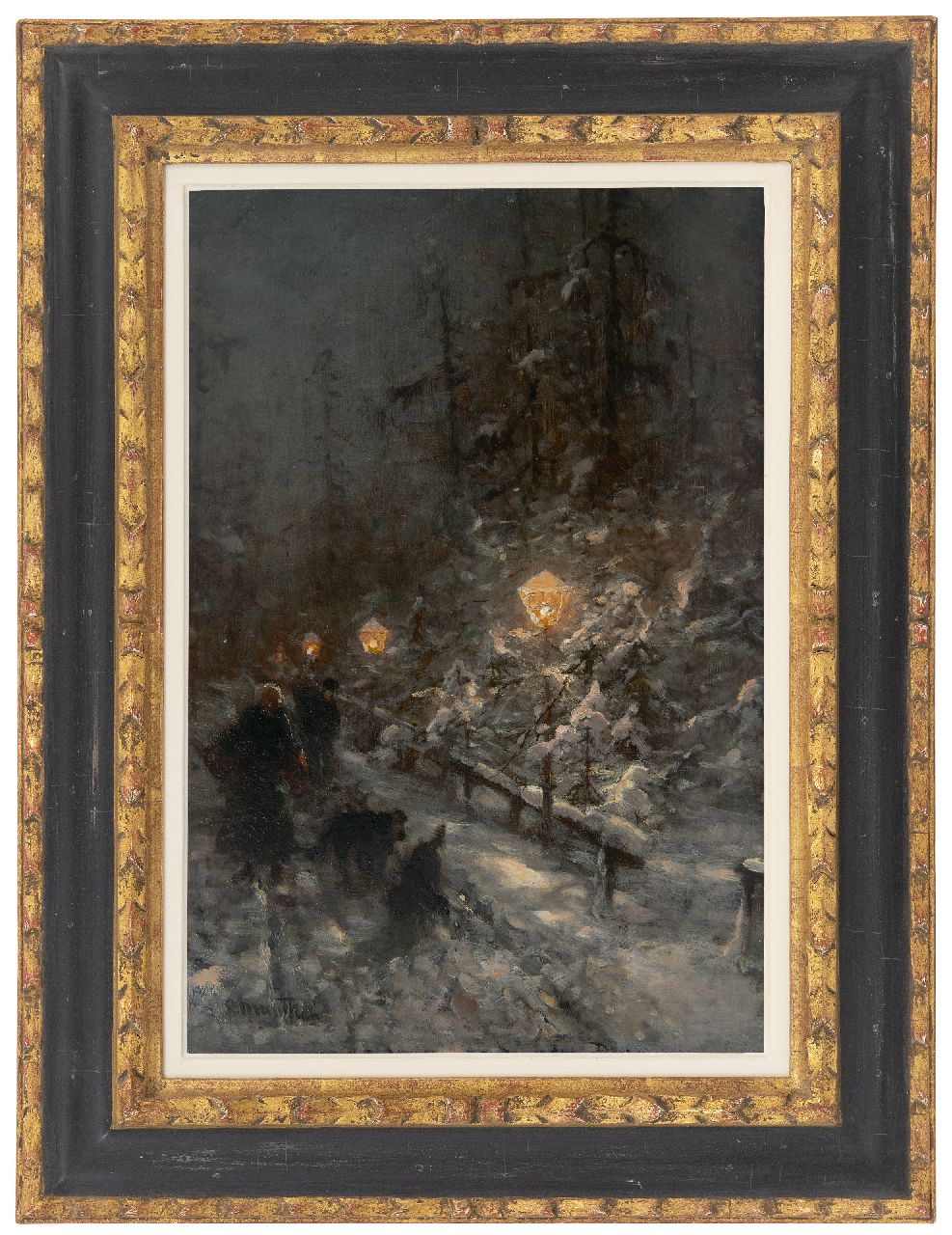 Munthe L.  | Ludwig Munthe, Besneeuwde weg met figuren bij lamplicht, olieverf op paneel 40,9 x 27,7 cm, gesigneerd linksonder