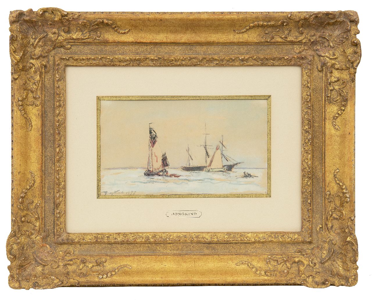 Jongkind J.B.  | Johan Barthold Jongkind, Zeilschepen op de rivier, krijt en aquarel op papier 15,0 x 26,0 cm, gesigneerd linksonder en gedateerd 1877