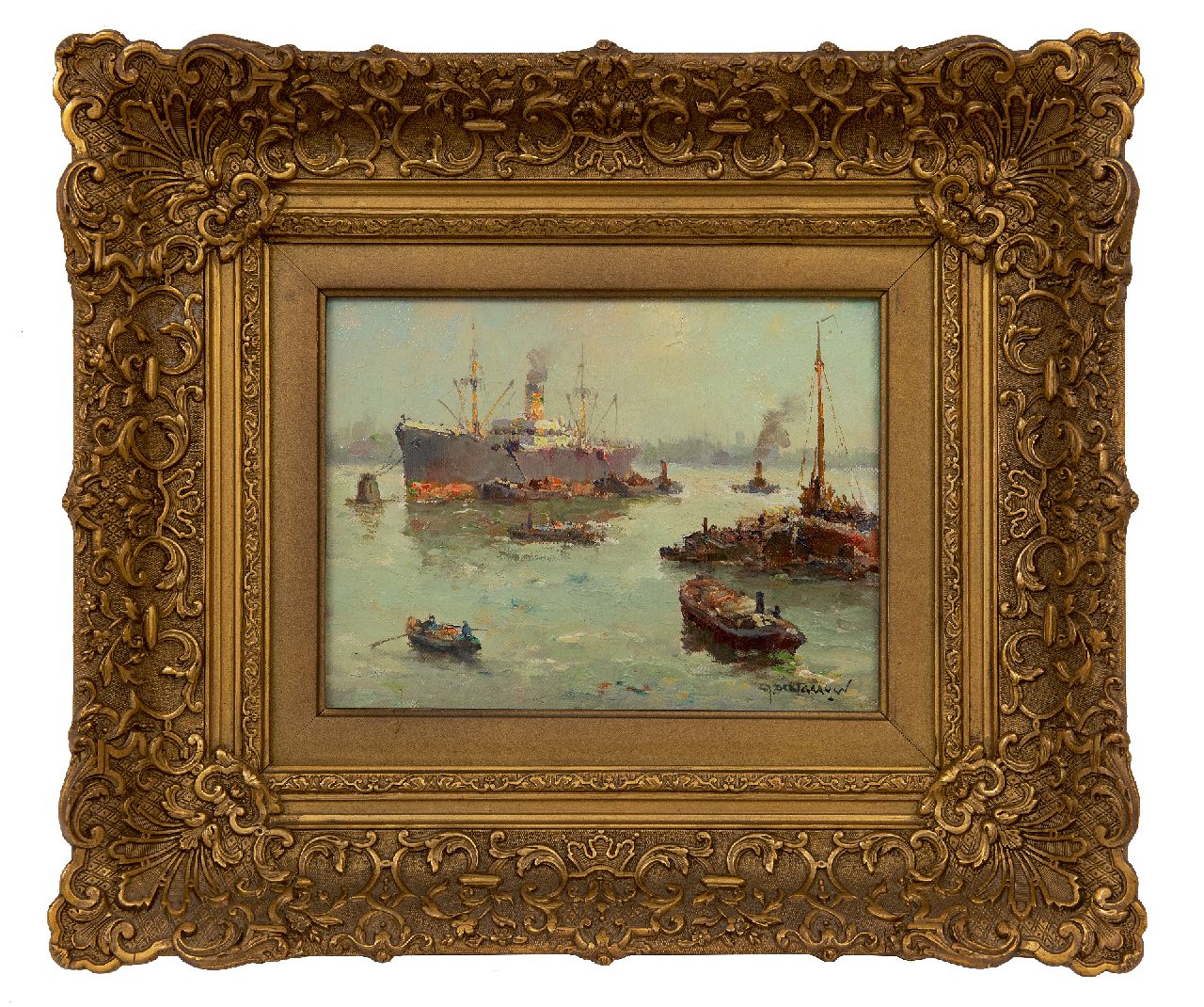 Delfgaauw G.J.  | Gerardus Johannes 'Gerard' Delfgaauw, Scheepvaart bij Rotterdam (mogelijk de Waalhaven), olieverf op doek 18,8 x 24,7 cm, gesigneerd rechtsonder