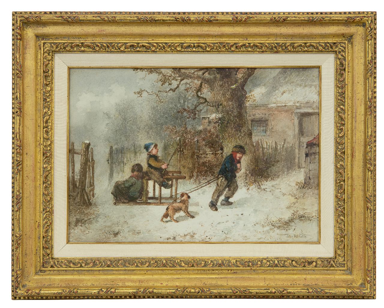 Kate J.M.H. ten | Johan 'Mari' Henri ten Kate, Spelende kinderen in de sneeuw, aquarel op papier 25,1 x 35,6 cm, gesigneerd rechtsonder