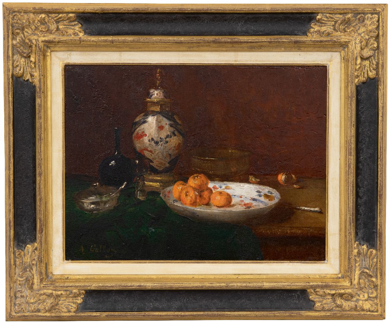 Vollon A.  | Antoine Vollon | Schilderijen te koop aangeboden | Stilleven met mandarijnen en Imari dekselvaas, olieverf op paneel 26,6 x 35,1 cm, gesigneerd linksonder