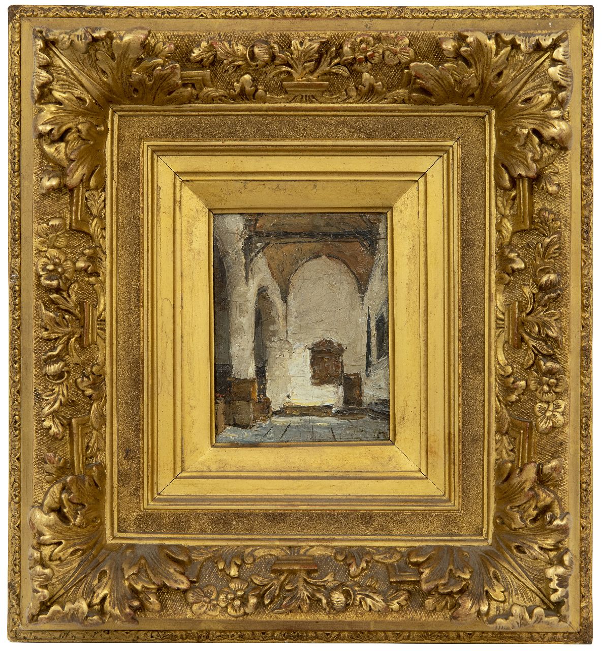 Bosboom J.  | Johannes Bosboom, Kerkinterieur, olieverf op paneel 12,0 x 9,1 cm, gesigneerd rechtsonder met initialen