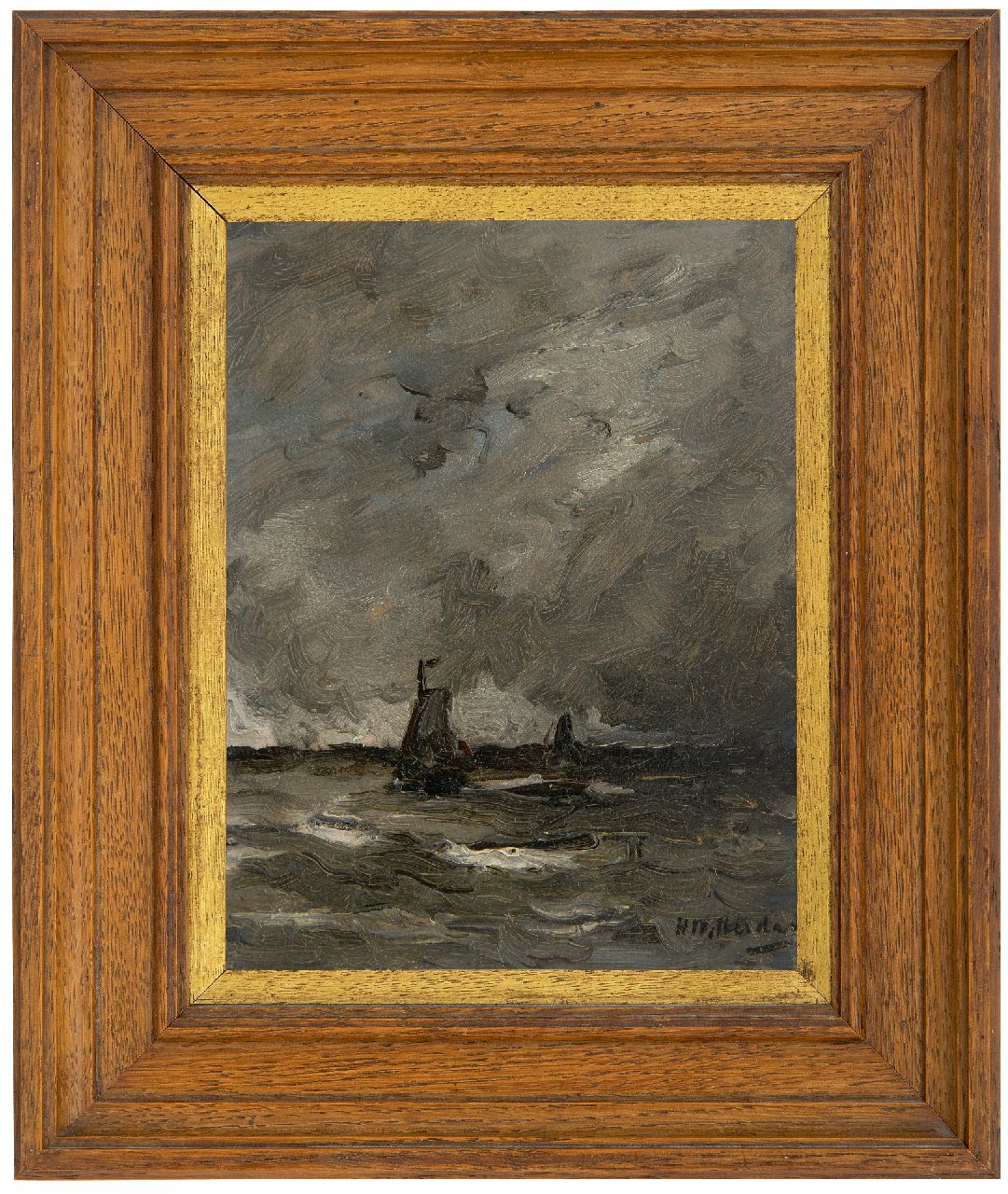Mesdag H.W.  | Hendrik Willem Mesdag, Scheepjes in onweerstemming, olieverf op paneel 19,0 x 15,0 cm, gesigneerd rechtsonder