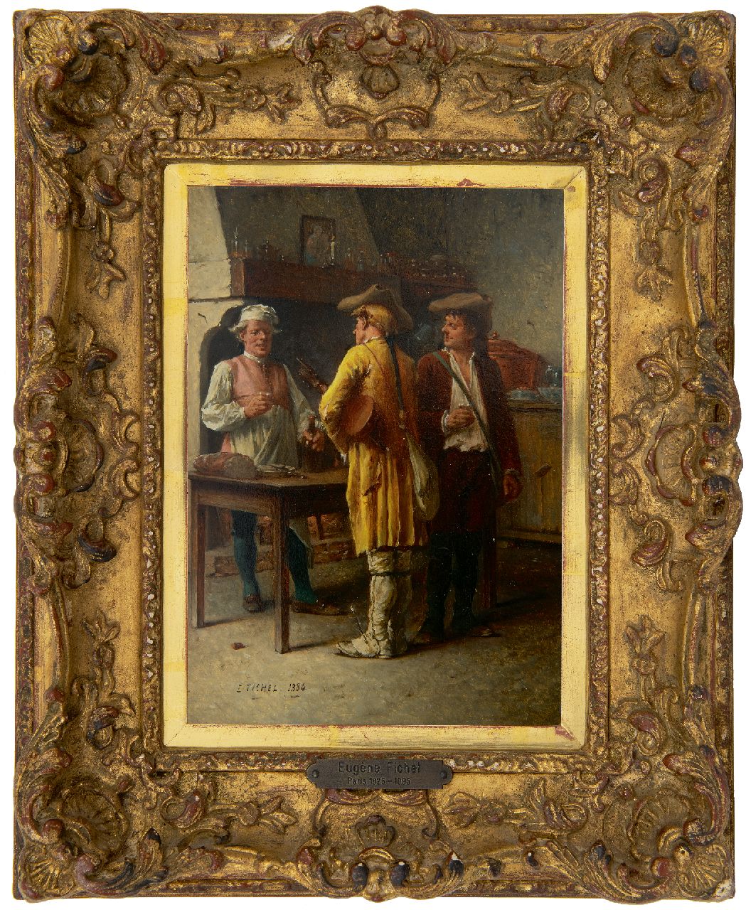 Fichel B.E.  | Benjamin 'Eugène' Fichel | Schilderijen te koop aangeboden | Pauze in de herberg, olieverf op paneel 22,0 x 15,7 cm, gesigneerd linksonder en gedateerd 1884