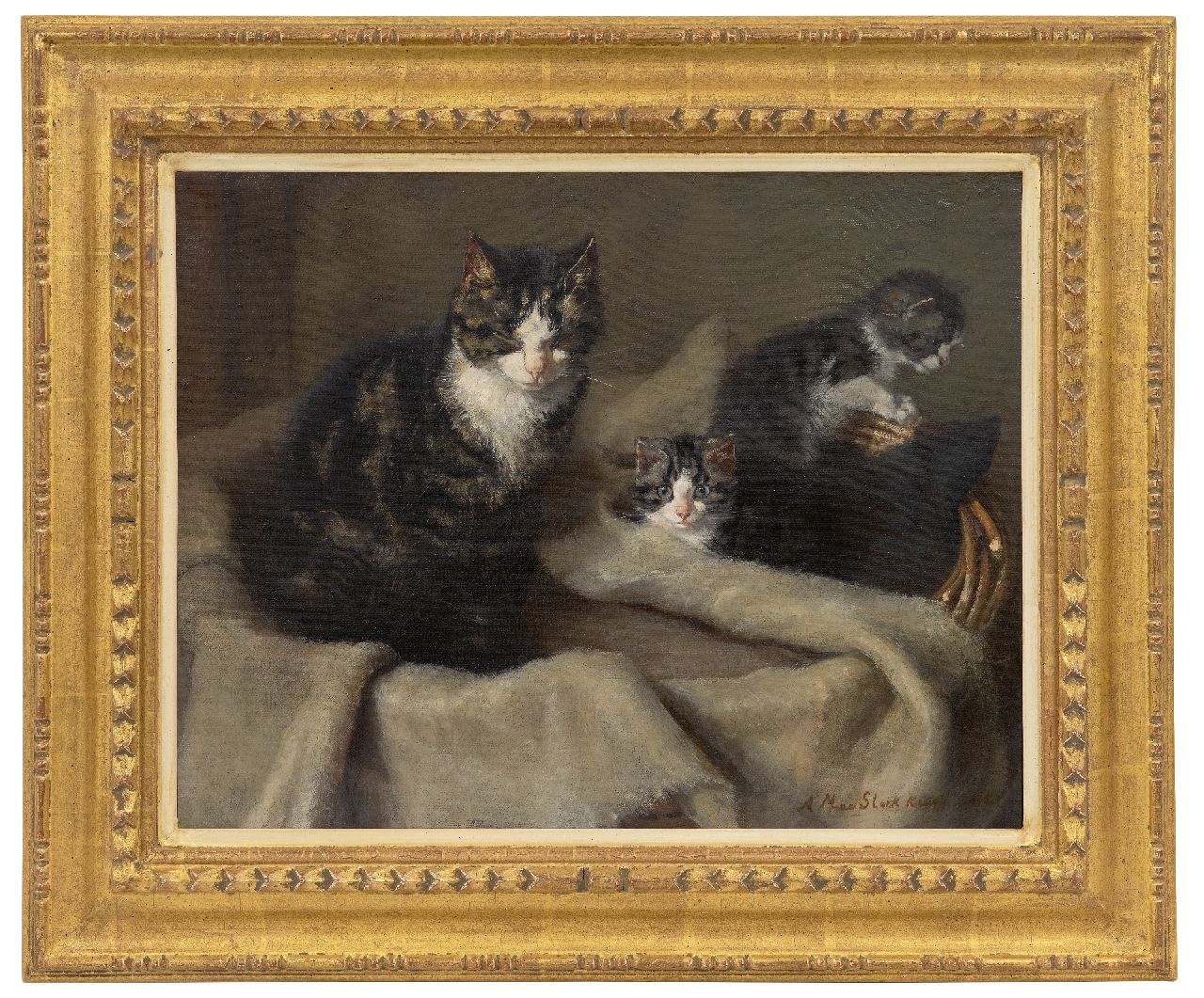 Kruijff A.M.  | Anna Maria Kruijff, Moederpoes met twee kittens, olieverf op doek 35,2 x 45,4 cm, gesigneerd rechtsonder en gedateerd 1908