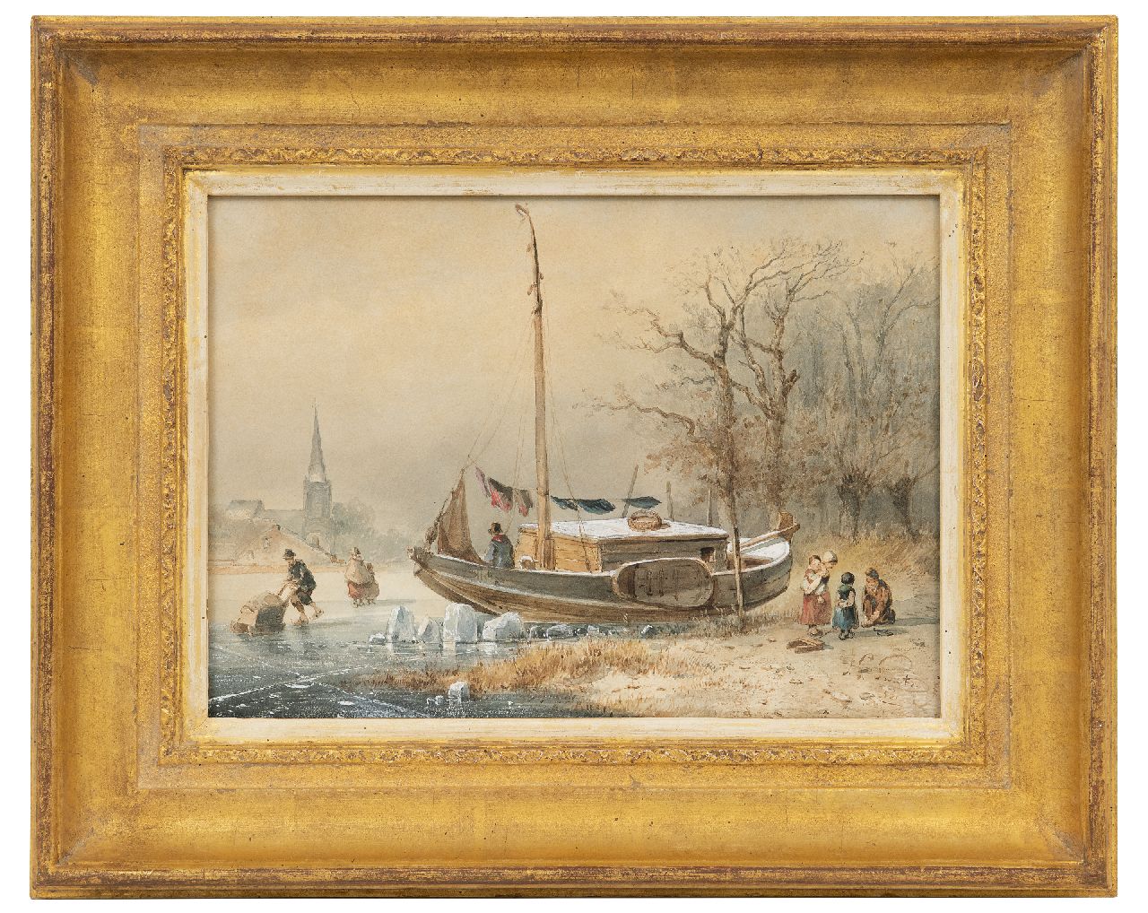 Smits J.G.  | Jan Gerard Smits | Aquarellen en tekeningen te koop aangeboden | Winterlandschap met vastgevroren boot, aquarel op papier 22,0 x 30,0 cm, gesigneerd rechtsonder en gedateerd '50