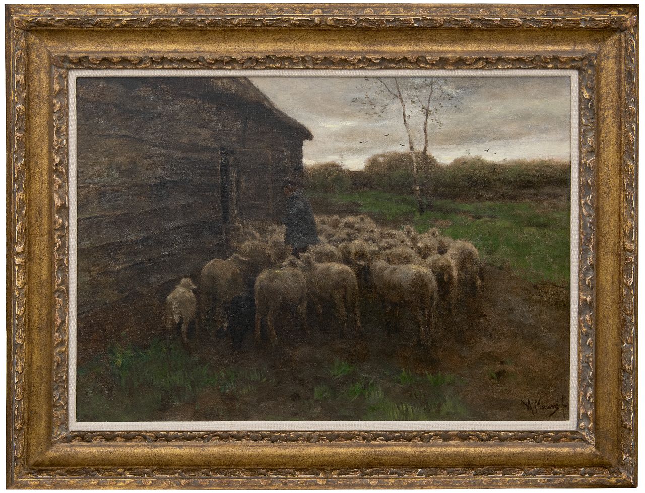 Mauve A.  | Anthonij 'Anton' Mauve, Het voeren van de schapen, olieverf op doek 55,5 x 80,7 cm, gesigneerd rechtsonder