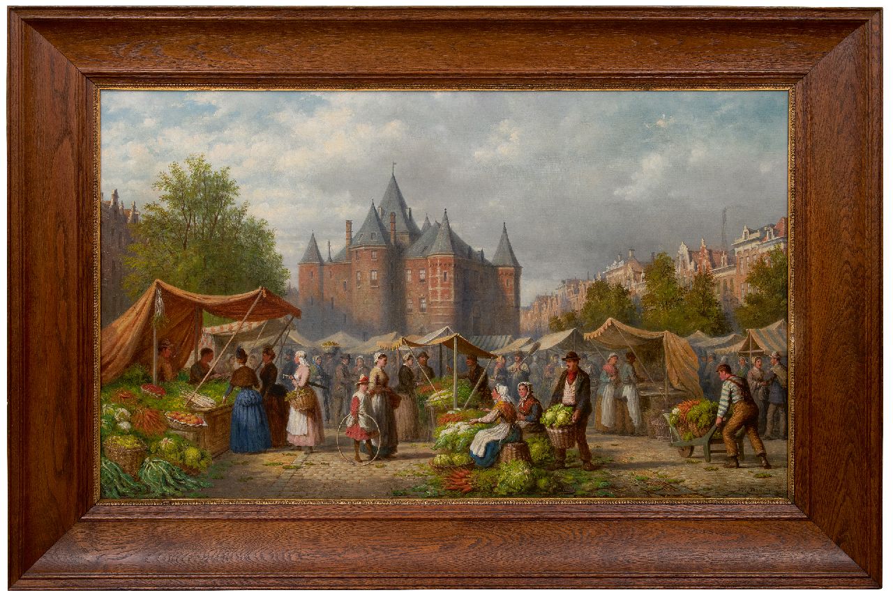 Scheerboom A.  | Andries Scheerboom | Schilderijen te koop aangeboden | Groentemarkt bij de Waag in Amsterdam, olieverf op doek 76,3 x 127,4 cm, gesigneerd rechtsonder