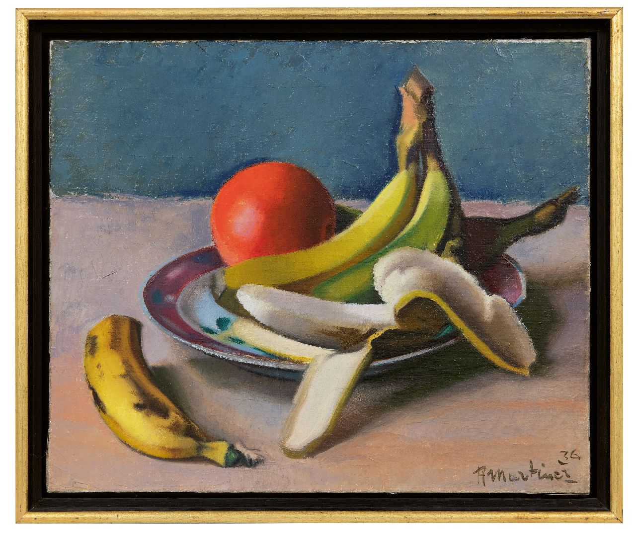 Martinez R.  | Raoul Martinez | Schilderijen te koop aangeboden | Stilleven met bananen en sinaasappel, olieverf op doek 35,3 x 42,3 cm, gesigneerd rechtsonder en gedateerd '36