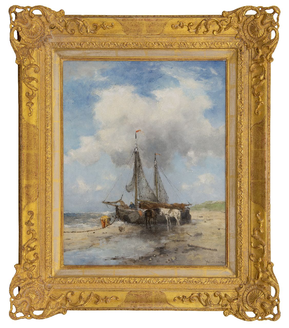 Scherrewitz J.F.C.  | Johan Frederik Cornelis Scherrewitz | Schilderijen te koop aangeboden | Bomschuiten op het strand, olieverf op doek 50,5 x 40,5 cm, gesigneerd rechtsonder
