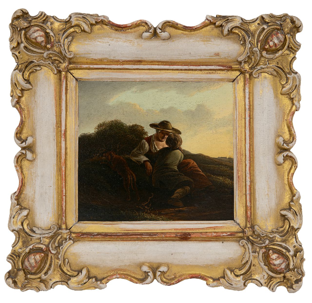 Schelfhout A.  | Andreas Schelfhout | Schilderijen te koop aangeboden | Een intiem gesprek, olieverf op paneel 13,8 x 14,2 cm, gesigneerd linksonder