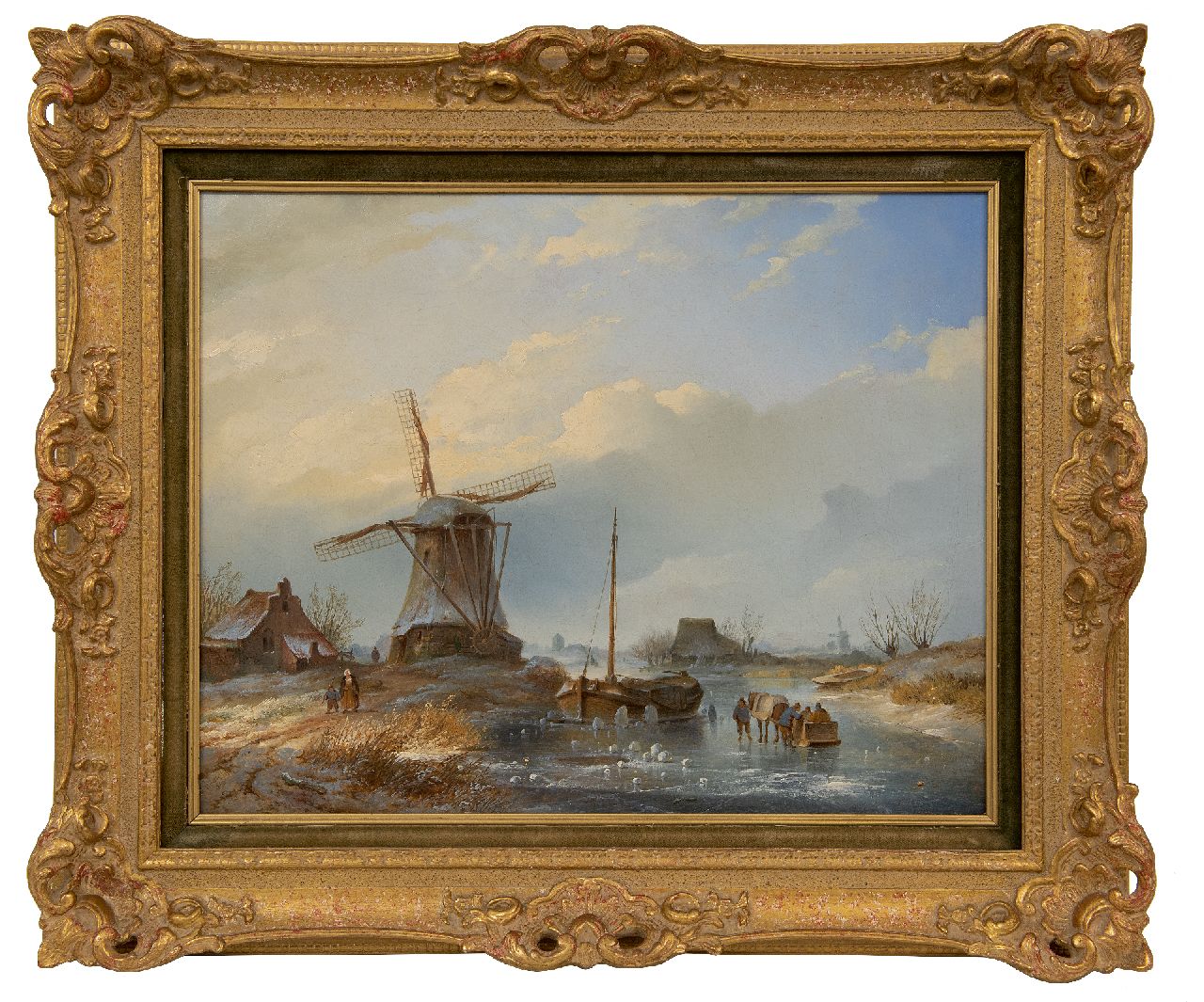 Hilverdink J.  | Johannes Hilverdink | Schilderijen te koop aangeboden | Winterlandschap met figuren op het ijs bij een molen, olieverf op doek 40,0 x 50,5 cm, gesigneerd linksonder en gedateerd 1842