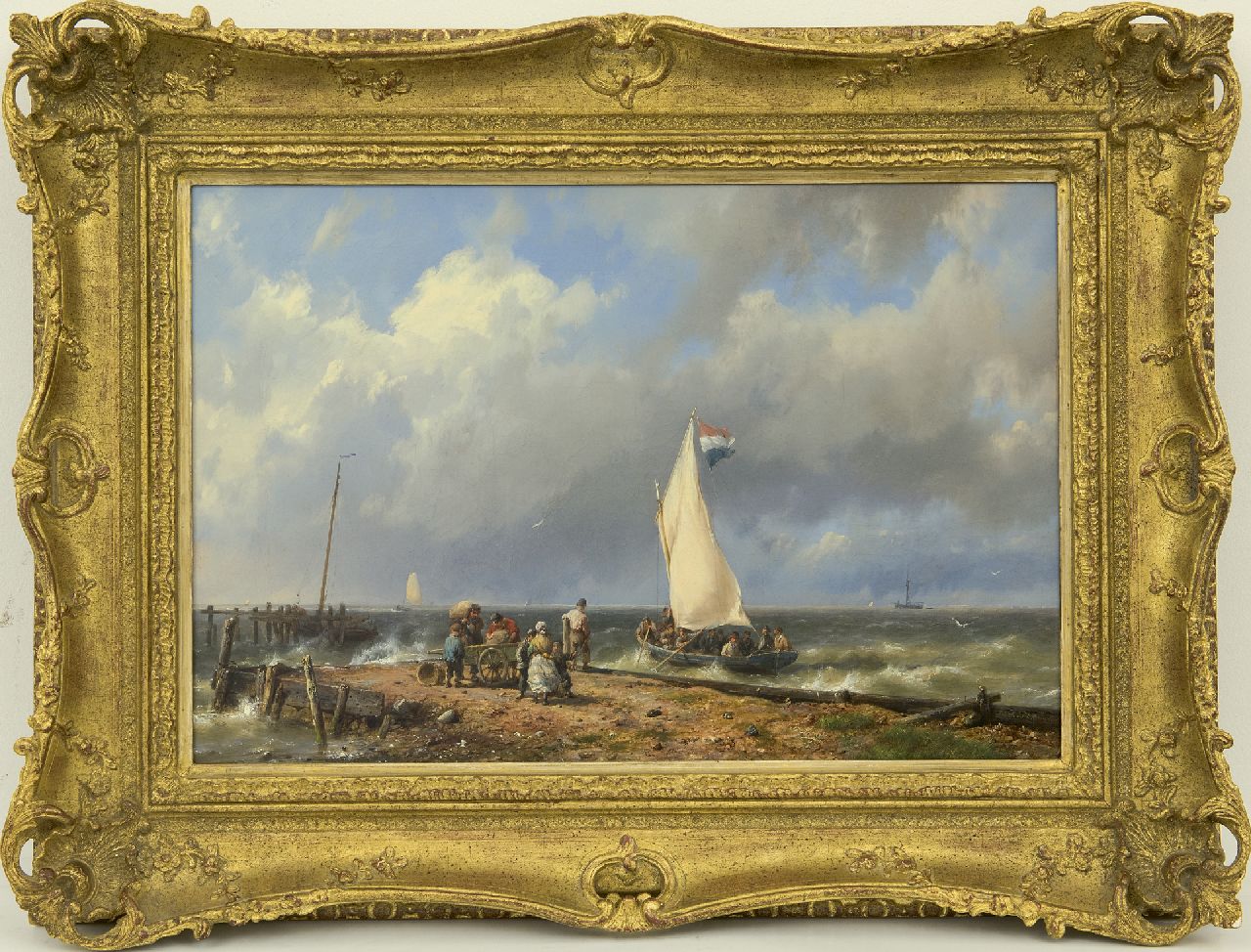 Koekkoek H.  | Hermanus Koekkoek, Vertrekkend zeilschip bij de haveningang, olieverf op doek 32,1 x 46,9 cm, gesigneerd rechtsonder en VERKOCHT