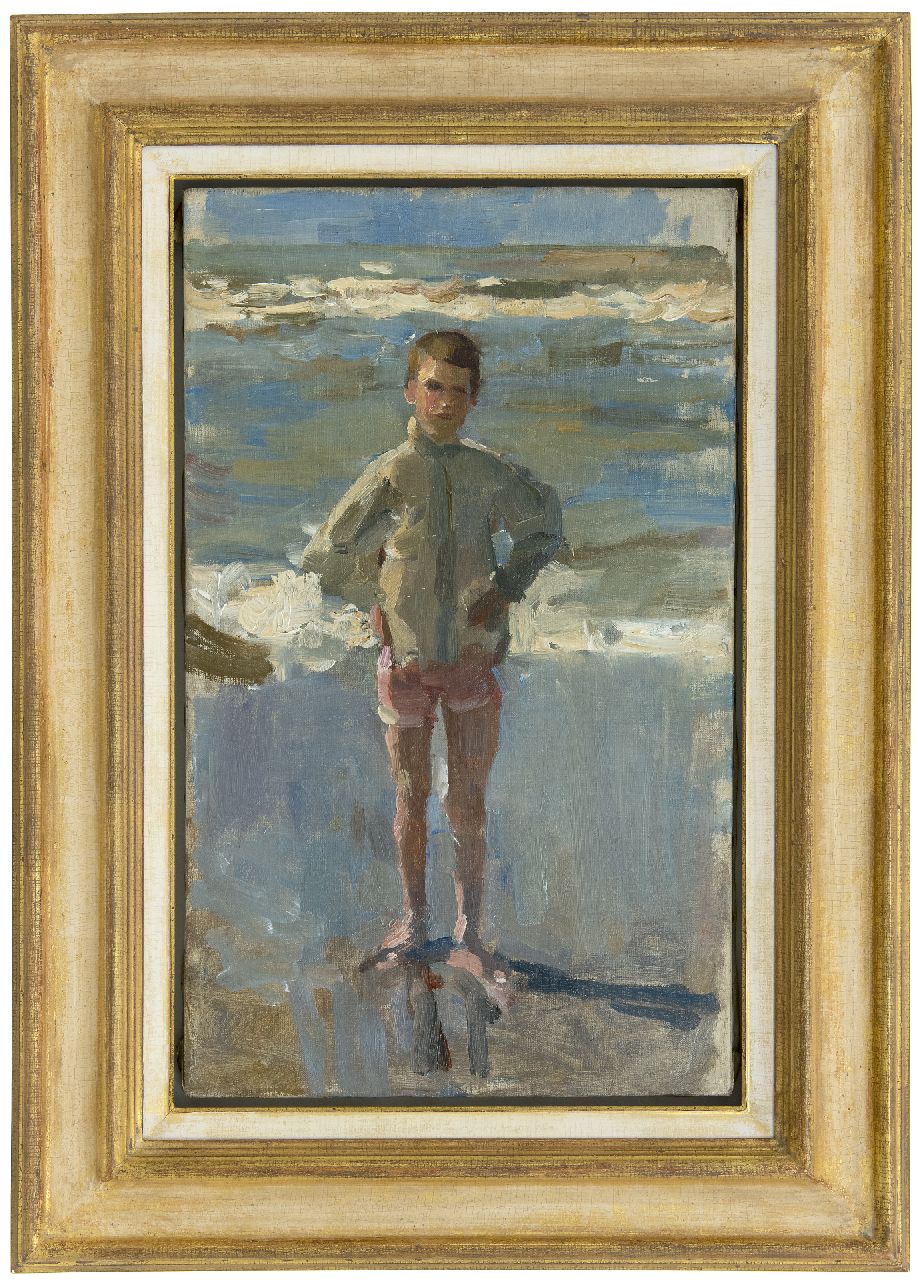Israels I.L.  | 'Isaac' Lazarus Israels, Jongen op het Scheveningse strand, olieverf op doek 50,0 x 30,0 cm, gesigneerd op spieraam en te dateren 1895-1905