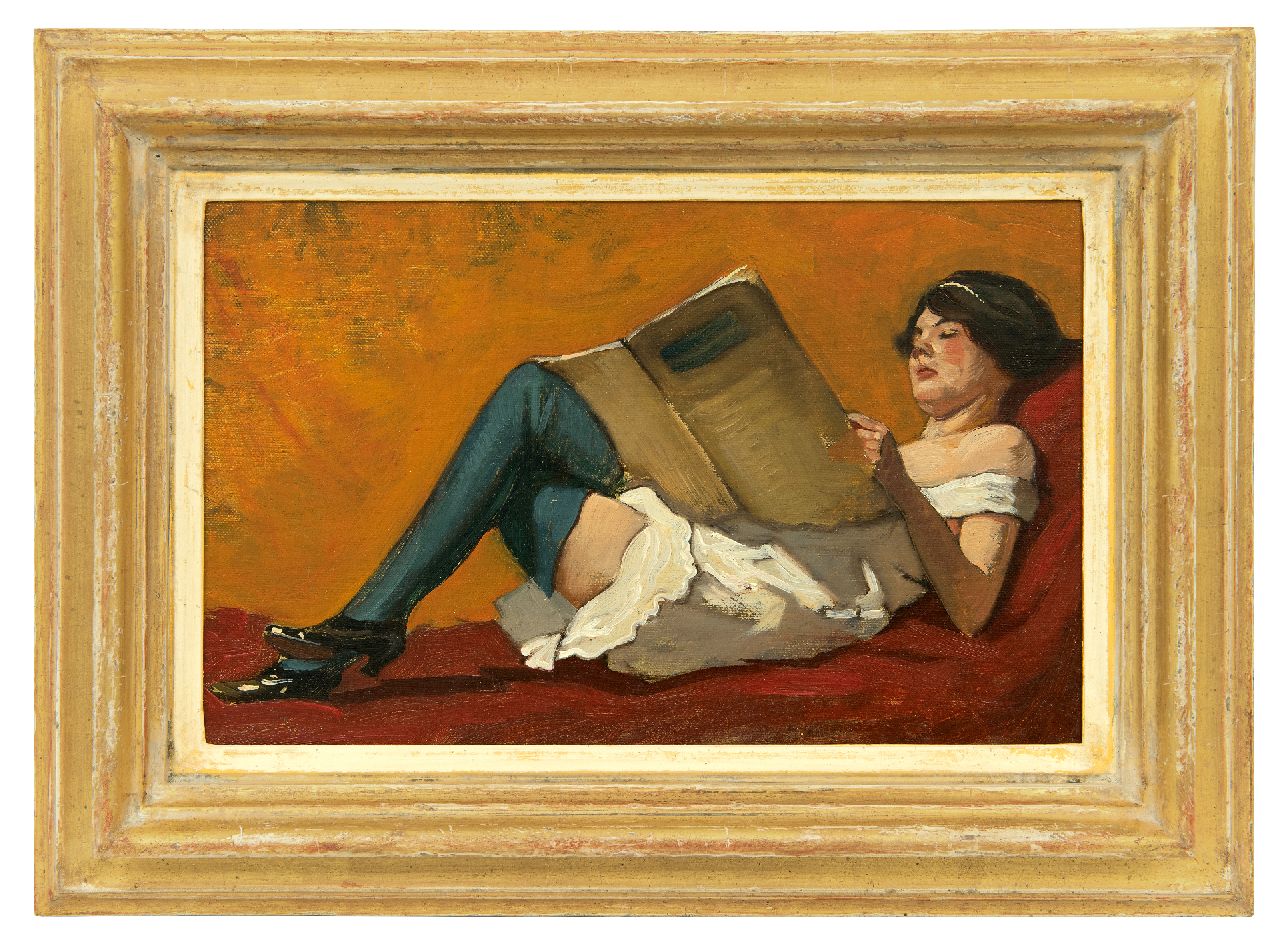 Houbolt E.  | 'Eduard' Johannes Fredericus Houbolt, Lezend meisje op een divan, olieverf op doek op paneel 18,8 x 29,9 cm