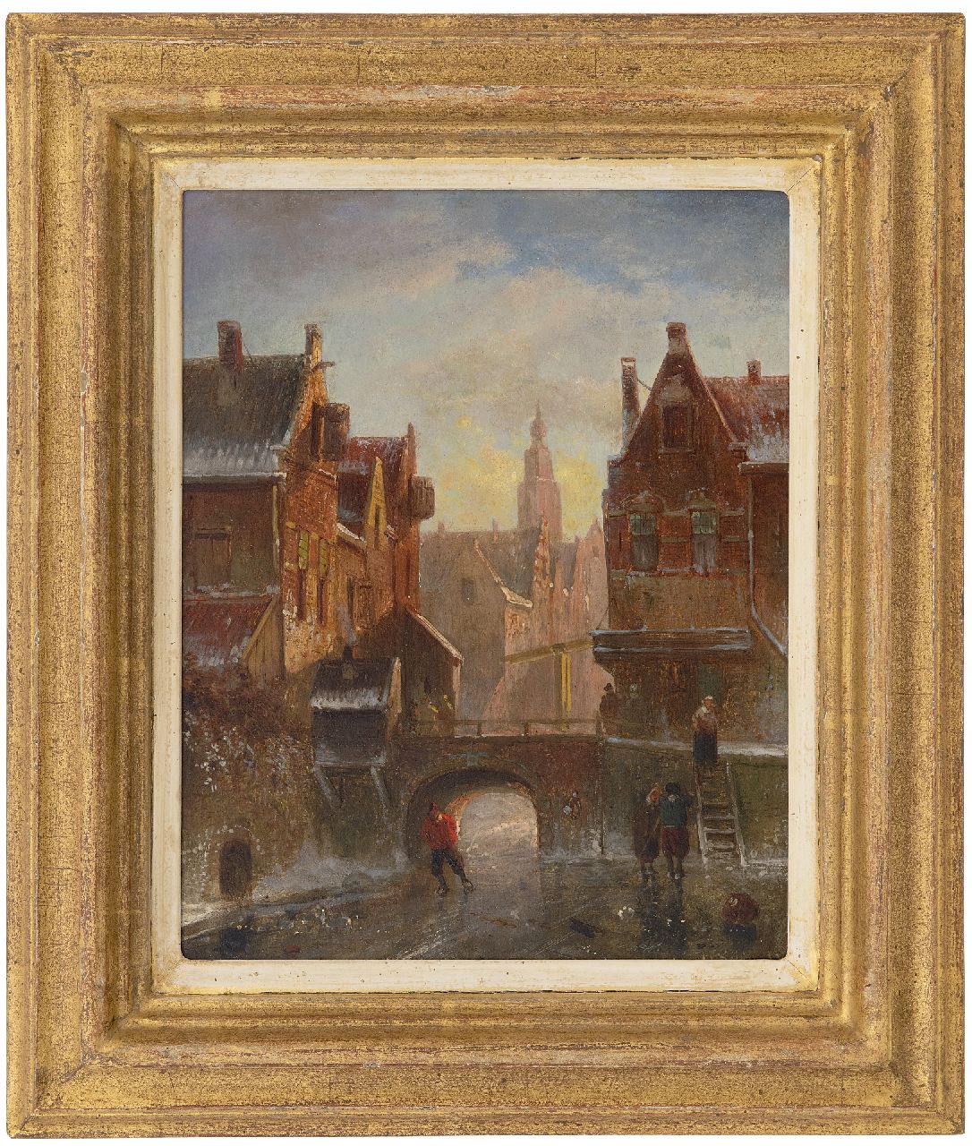 Leickert C.H.J.  | 'Charles' Henri Joseph Leickert, Winters stadsgezicht met figuren op het ijs, olieverf op paneel 25,1 x 19,8 cm, gesigneerd rechtsonder