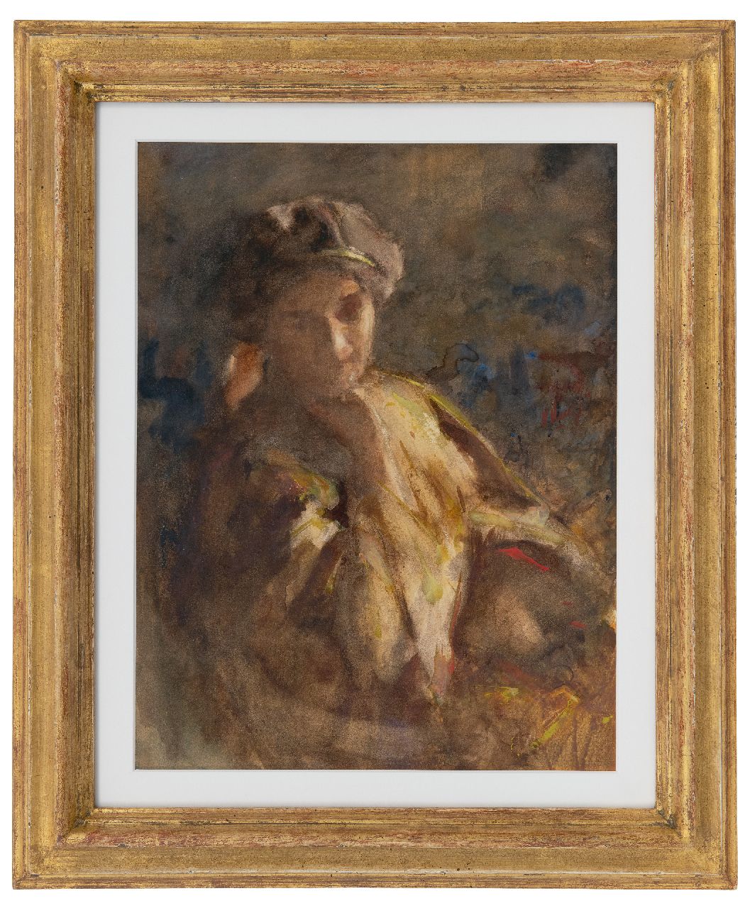 Maris W.M.  | 'Willem' Matthijs Maris | Aquarellen en tekeningen te koop aangeboden | Dagdromende vrouw, aquarel op papier 34,3 x 26,7 cm, gesigneerd rechts van het midden