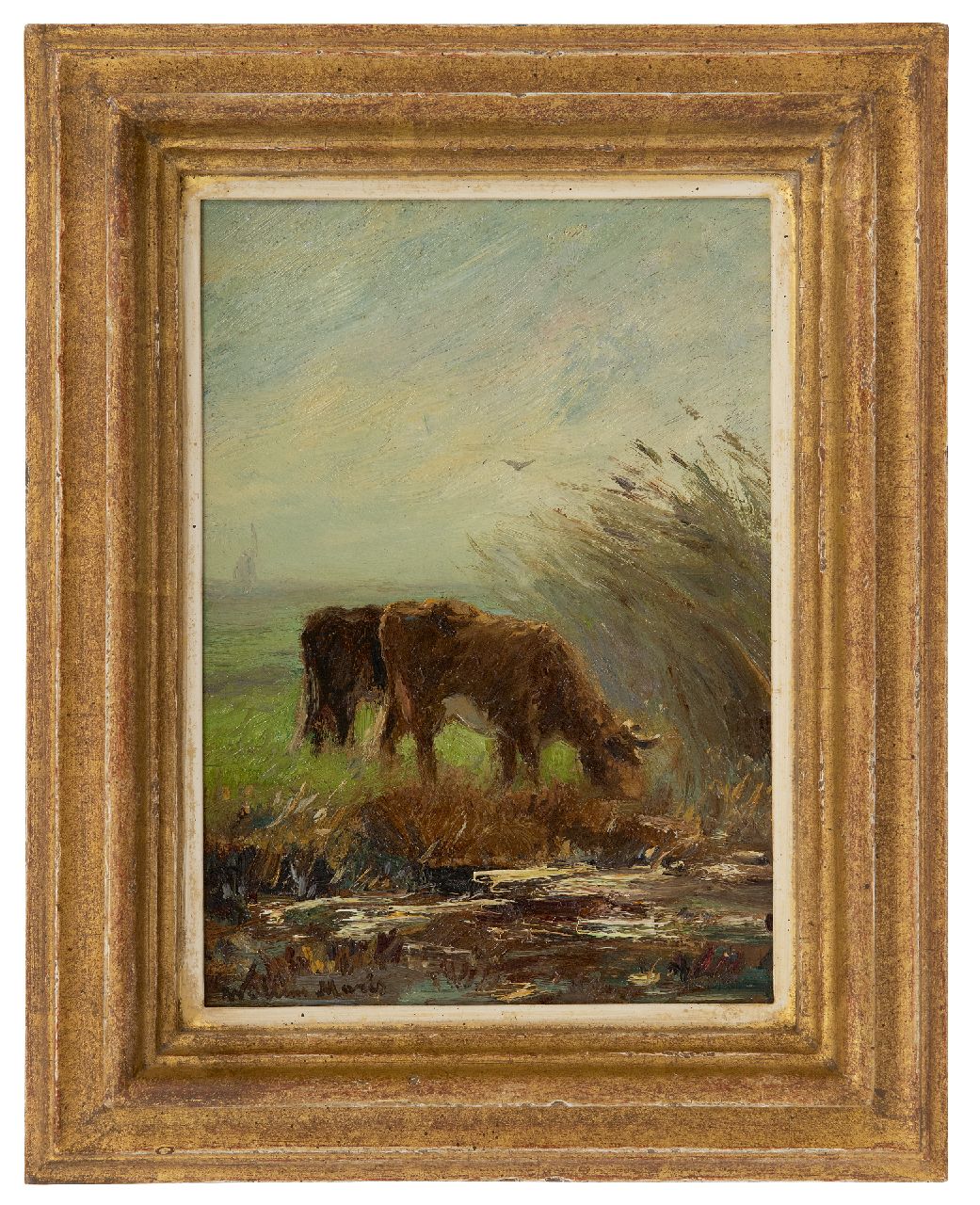 Maris W.  | Willem Maris, Grazende koeien langs een sloot, olieverf op schildersboard 24,6 x 17,2 cm, gesigneerd linksonder