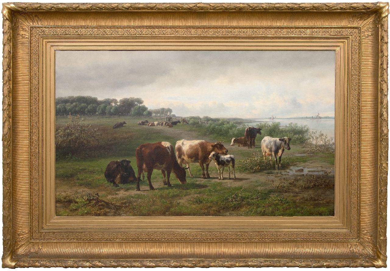 Tom J.B.  | Jan Bedijs Tom | Schilderijen te koop aangeboden | Koeien langs een rivier, mogelijk de Rijn in Gelderland, olieverf op doek 72,3 x 122,5 cm, gesigneerd rechtsonder en gedateerd 1874