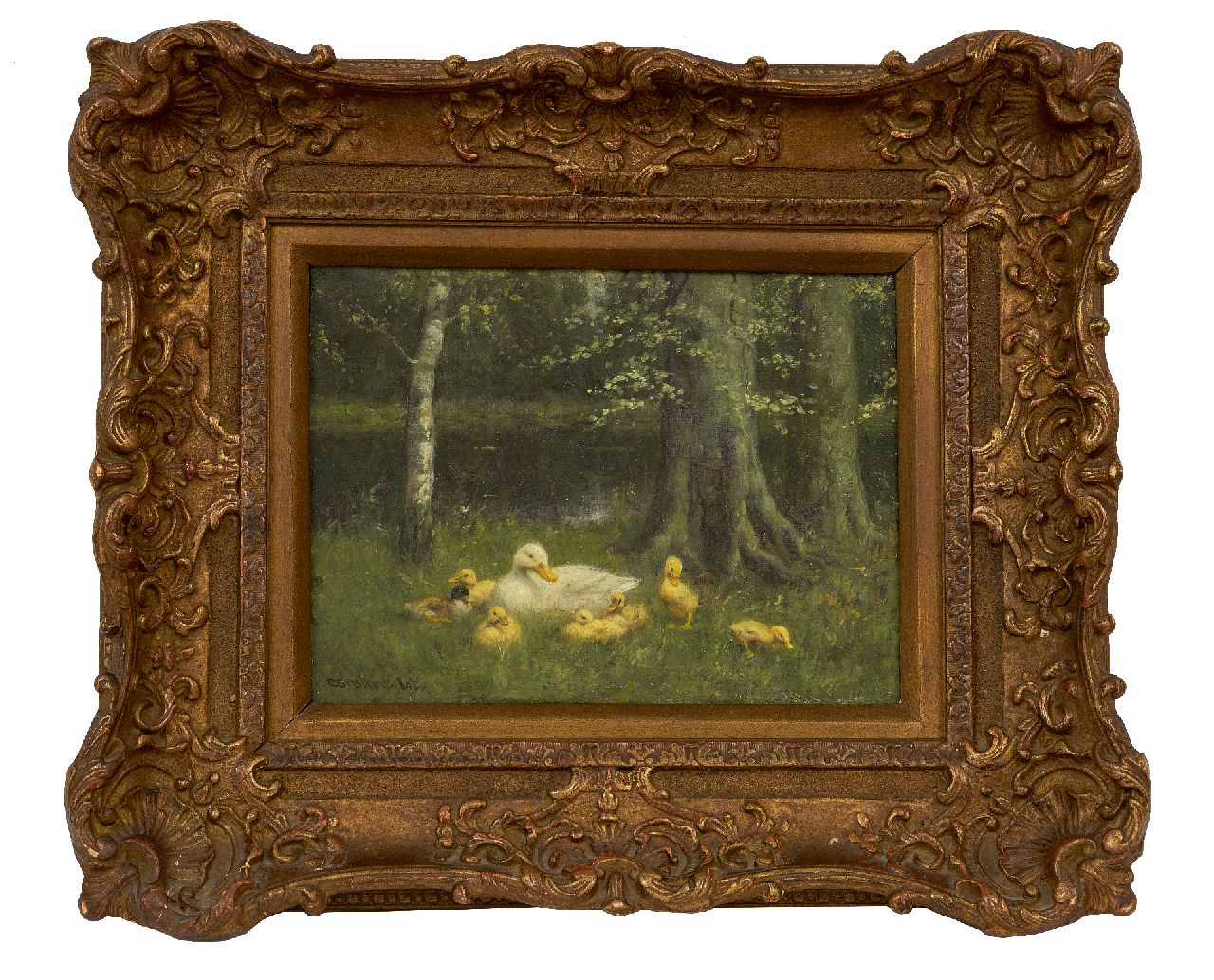 Artz C.D.L.  | 'Constant' David Ludovic Artz, Eendenfamilie bij een bosven, olieverf op doek 18,6 x 24,3 cm, gesigneerd linksonder