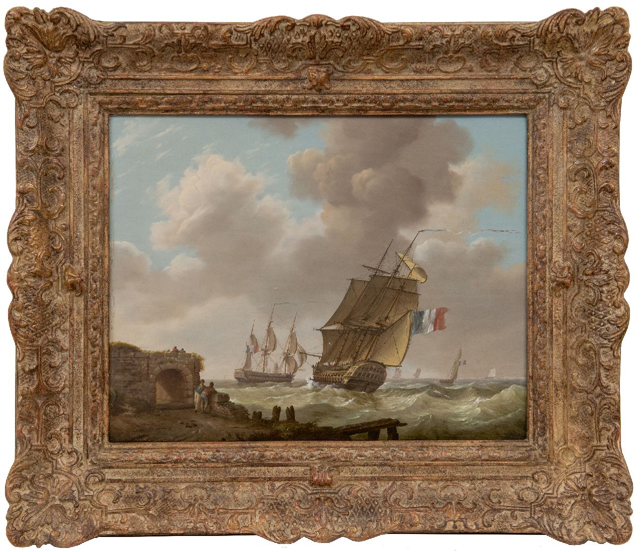 Koekkoek J.H.  | Johannes Hermanus Koekkoek | Schilderijen te koop aangeboden | Laverende oorlogsschepen voor de Zeeuwse kust, olieverf op paneel 32,1 x 40,7 cm, gesigneerd middenonder