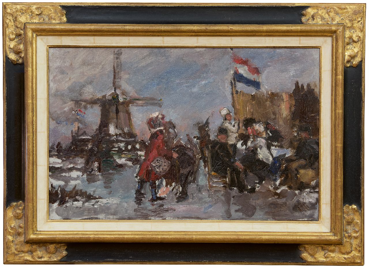 Roelofs O.W.A.  | Otto Willem Albertus 'Albert' Roelofs | Schilderijen te koop aangeboden | Schaats onderbinden op het ijs, olieverf op doek 39,8 x 60,3 cm, te dateren 1899