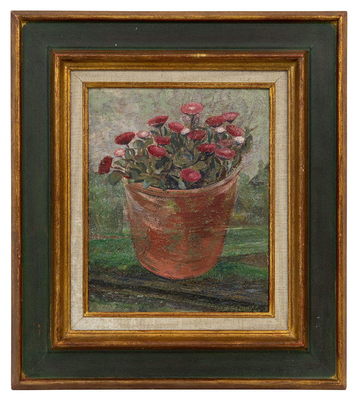 Zweep D.J. van der | 'Douwe' Jan van der Zweep | Schilderijen te koop aangeboden | Bloempot met madeliefjes, olieverf op paneel 27,0 x 21,1 cm, gesigneerd rechtsonder