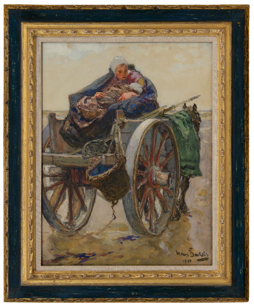 Bartels H. von | Hans von Bartels, Moeder en kind op schelpenkar te Katwijk, gouache op papier 54,6 x 41,6 cm, gesigneerd rechtsonder en gedateerd 1910