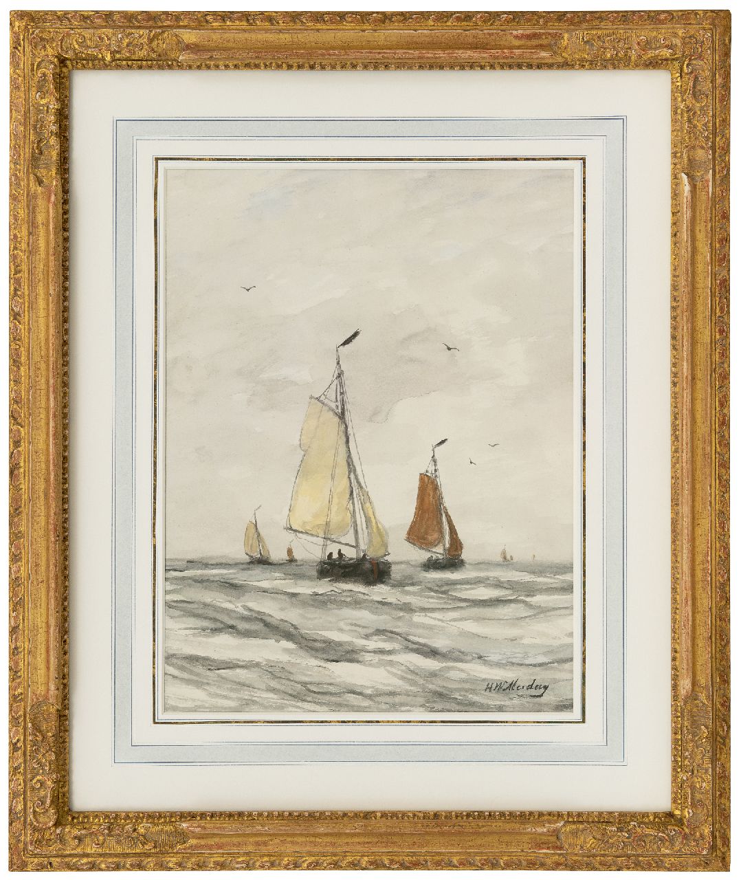 Mesdag H.W.  | Hendrik Willem Mesdag, Vissersboten op open zee, aquarel op papier 41,0 x 30,5 cm, gesigneerd rechtsonder