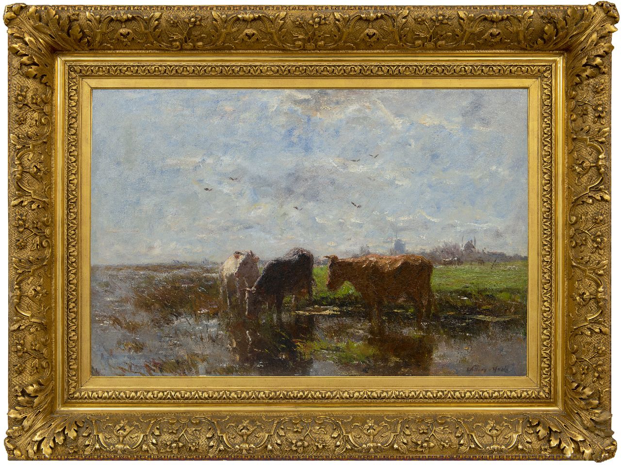 Maris W.  | Willem Maris | Schilderijen te koop aangeboden | Drinkende koeien in een polderlandschap, olieverf op doek 58,2 x 85,2 cm, gesigneerd rechtsonder