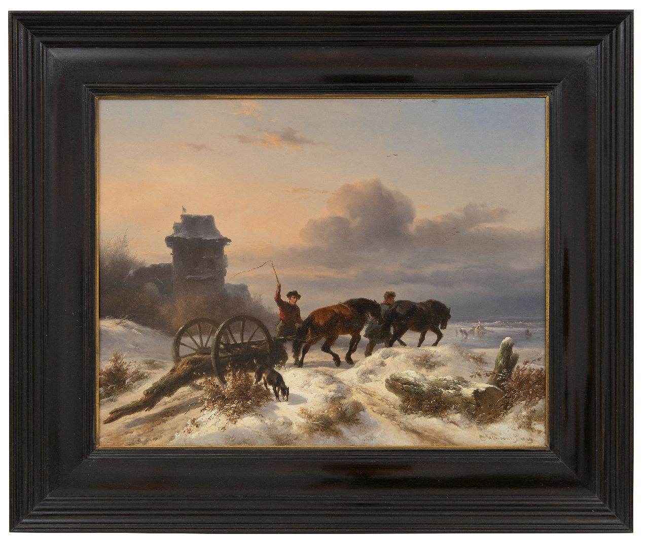 Verschuur W.  | Wouterus Verschuur | Schilderijen te koop aangeboden | Voermannen met mallejan in een winterlandschap, olieverf op paneel 27,2 x 35,0 cm, gesigneerd rechtsonder en gedateerd 1849