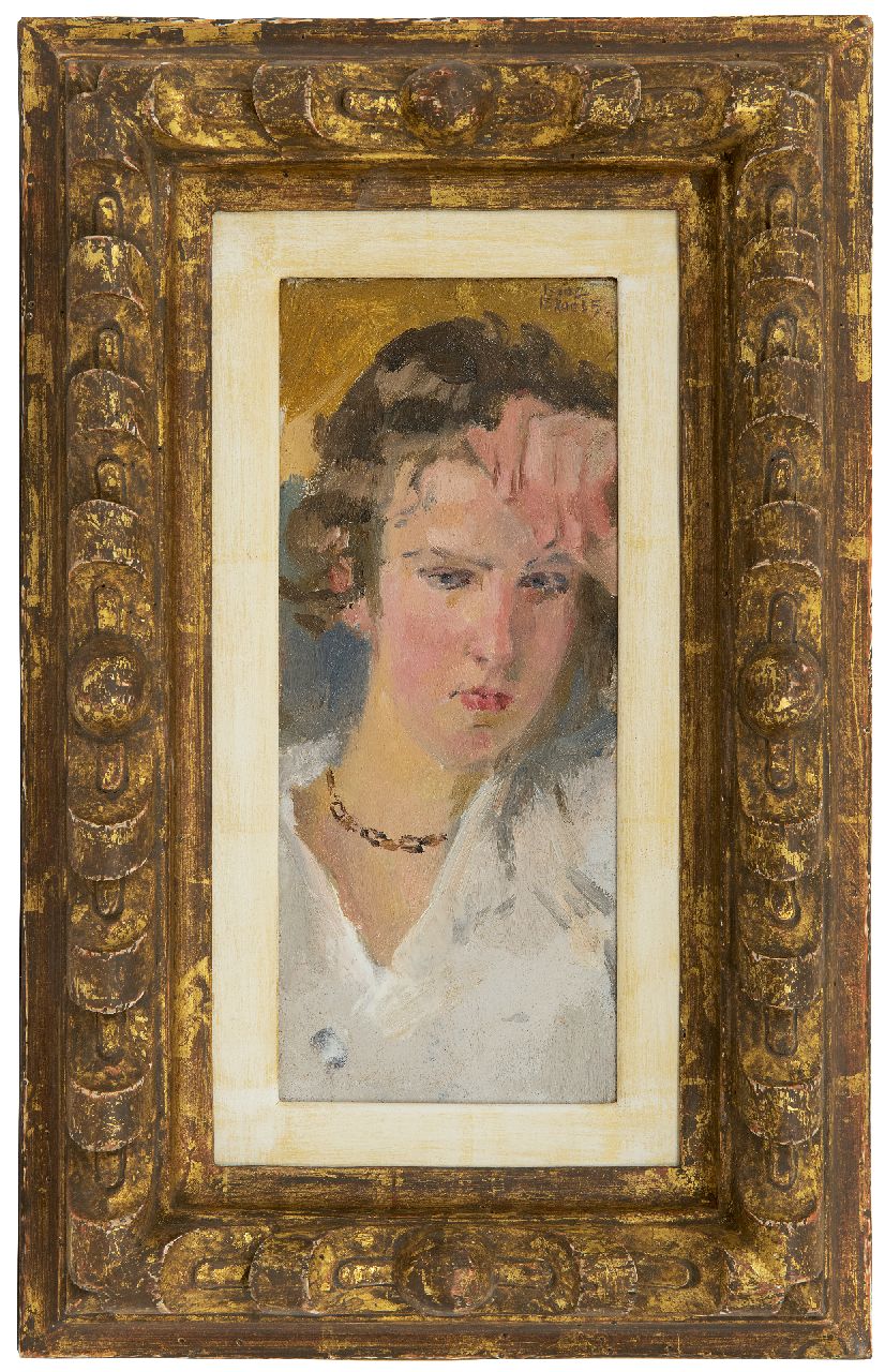 Israels I.L.  | 'Isaac' Lazarus Israels, Portret van een jonge vrouw, olieverf op paneel 23,0 x 9,5 cm, gesigneerd rechtsboven en te dateren ca. 1910-1915