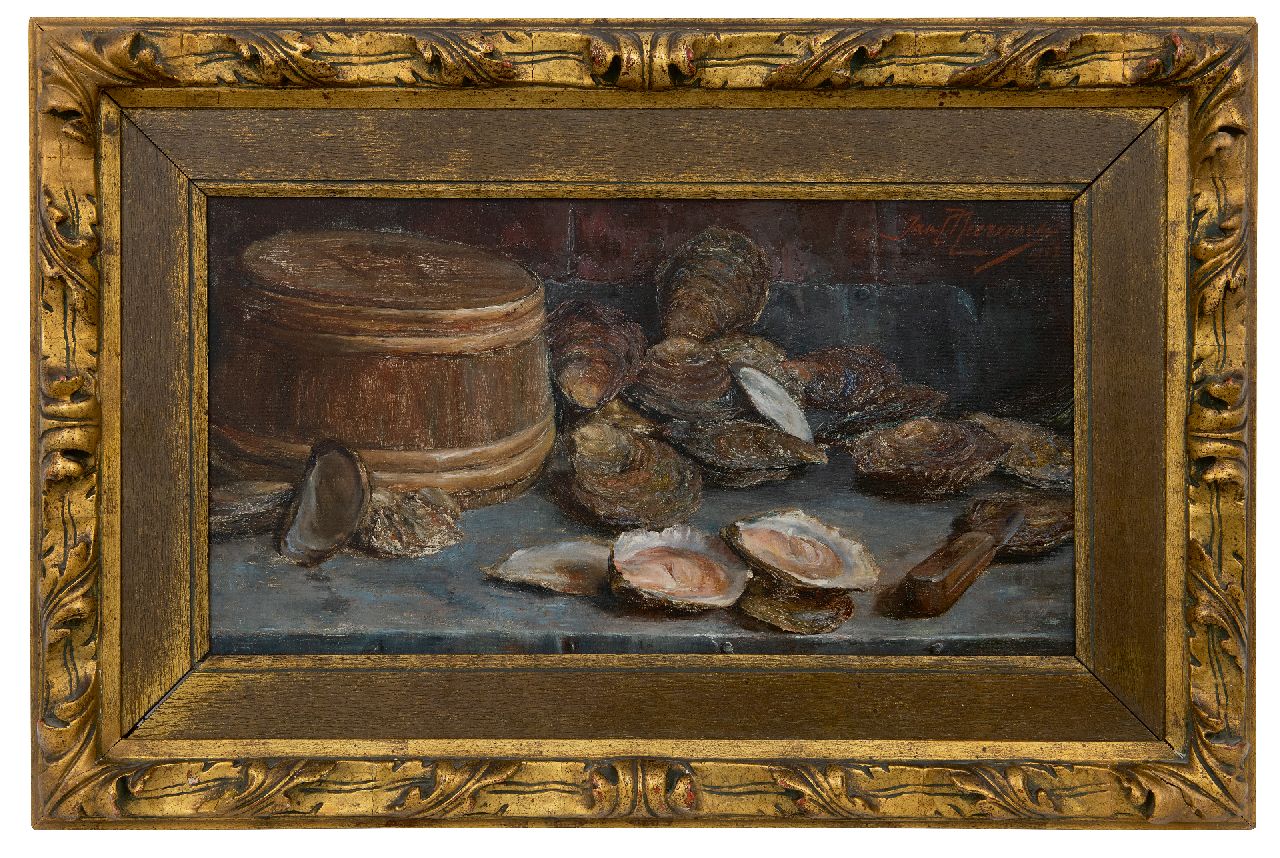 Neervoort J.C.  | Johannes Cornelius 'Jan' Neervoort, Stilleven met oesters, olieverf op doek 28,3 x 53,8 cm, gesigneerd rechtsboven en gedateerd 1907